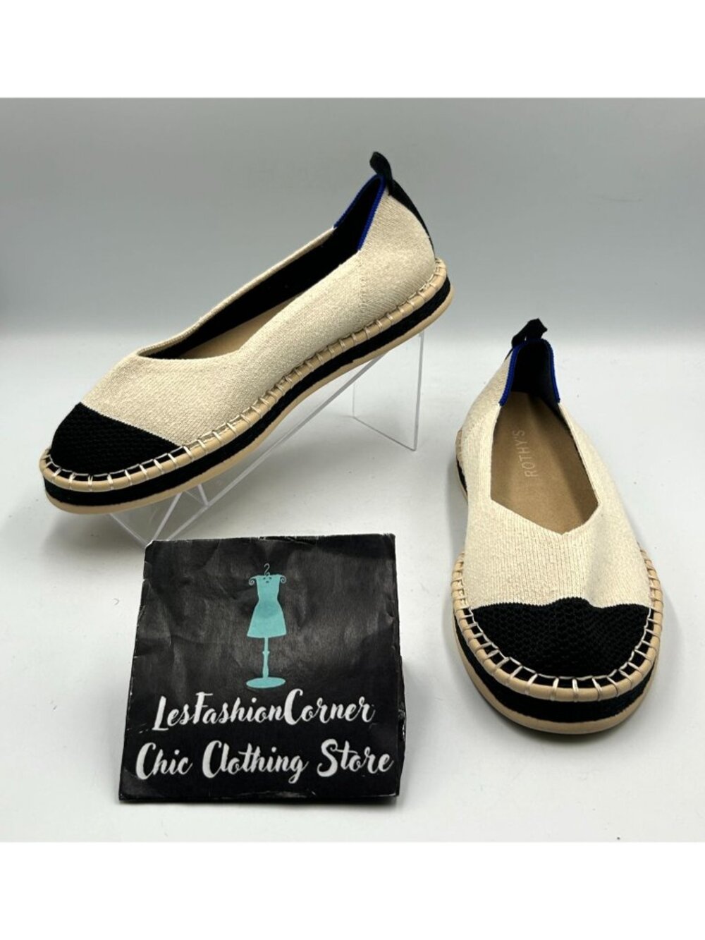 Rothy's Women's Beige Black The Espadrille Boardwalk Slip on Flats Size 7.5 3391